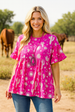 S,M,L Pink baby doll top with cactus print