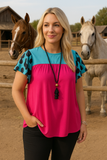 Pink & Turquoise Blouse Leopard Cap Sleeve