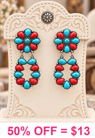 Turquoise and Red Stone Dangle Concho Earrings