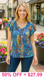 Blue Multi Color Printed Top With Cap Ruffle Sleeves