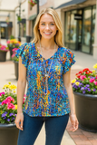 Blue Multi Color Printed Top With Cap Ruffle Sleeves