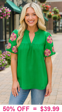 Green Blouse With Embroidered  Sleeve