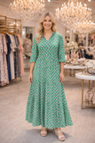 S, M, L Green & Pink print maxi tiered dress