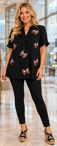 Christmas SEQUIN Bows baby doll top