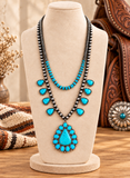 Silver like Navajo Pearl Double Strand Necklace with Turquoise color triangle pendants