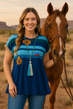 Blue Tribal Top with Sequin Trim Short Sleeves