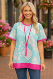 White & Turquoise Bandana Top With Pink Trim