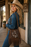 NEW Western Genuine leather fringe bag bronc rider white stitching design