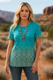 Turquoise Ombre Cream Damask Print Top