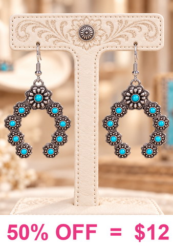 Silver Squash Blossom Earrings with Turquoise stones