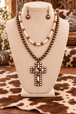 Copper-tone & Cream 2 Strand Necklace with Cross pendant