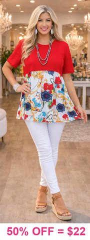 Red Top with Floral scroll print