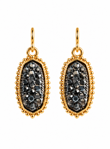 Tiny Grey Bling Oval Earrings with Gold Tone border