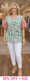 M, L, 2X, 3X Green Floral Blouse With Pink Embroidery Puff Sleeves