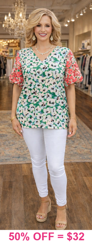 M, L, 2X, 3X Green Floral Blouse With Pink Embroidery Puff Sleeves