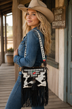 NEW Checkered, Cherry, Genuine Leather Cow hide, fringe bag