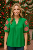 Green Blouse With Embroidered  Sleeve