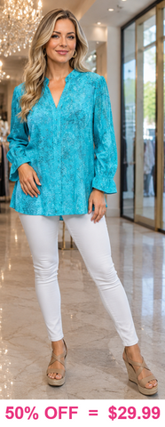 Turquoise V-Neck Long Sleeve Blouse