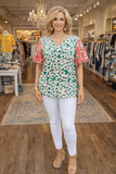 M, L, 2X, 3X Green Floral Blouse With Pink Embroidery Puff Sleeves