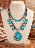 Silver like Navajo Pearl Double Strand Necklace with Turquoise color triangle pendants