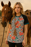White Leopard, Floral Top With Black Short Sleeves