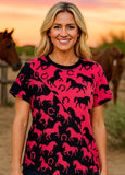 NEW Hot Pink & Black horse print short sleeve top