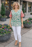 M, L, 2X, 3X Green Floral Blouse With Pink Embroidery Puff Sleeves