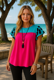 Pink & Turquoise Blouse Leopard Cap Sleeve