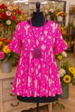 S,M,L Pink baby doll top with cactus print