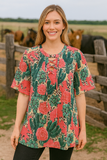 Cactus, Rose, Leopard criss cross neck top
