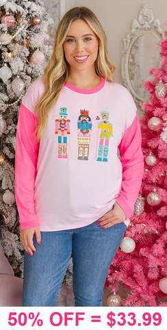 Nutcracker fuzzy patches neon pink long sleeve top