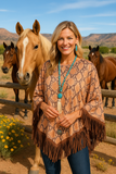 Snake Print Poncho With Fringe Trim