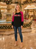 2X, 3X : MERRY Hot Pink sequin long sleeve top