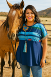 Blue Tribal Top with Sequin Trim Short Sleeves