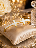 Pearl cross gold open hinge cuff bangle