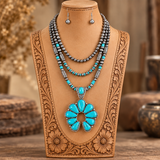 Silver tone 3 Strand necklace with Turquoise color squash pendant