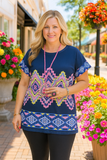 Sheer With Lining Navy Tribal Short Sleeve Top