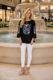 XL, Black blouse with floral peacock embroidery