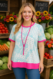 White & Turquoise Bandana Top With Pink Trim
