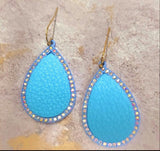 BLUE Leather TEARDROP Earrings with Rhinestone Border