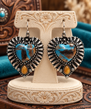 Western Turquoise-and-brown marbled Stone heart earrings with silver border
