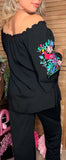 XL, Black blouse with floral peacock embroidery