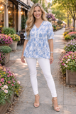 S,L,3X : Blue & White floral Top lace details
