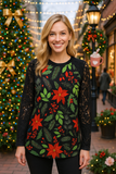 Holiday Floral top with Black lace sleeves