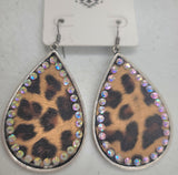 Silver trim leopard teardrop bling earrings