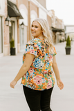 Orange, Floral, Tie Neck Blouse