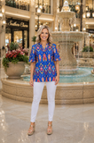 Blue Tribal v-neck top with ruffle sleeve