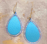 BLUE Leather TEARDROP Earrings with Rhinestone Border