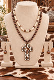 Copper-tone & Cream 2 Strand Necklace with Cross pendant