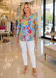 Turquoise Floral roll tab long sleeve top